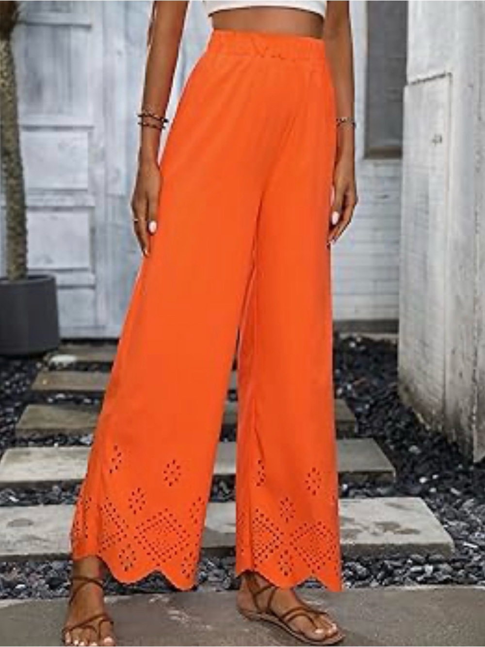 🧡Rafaella Orange Wide-Leg Laser-Cut Hem Pants